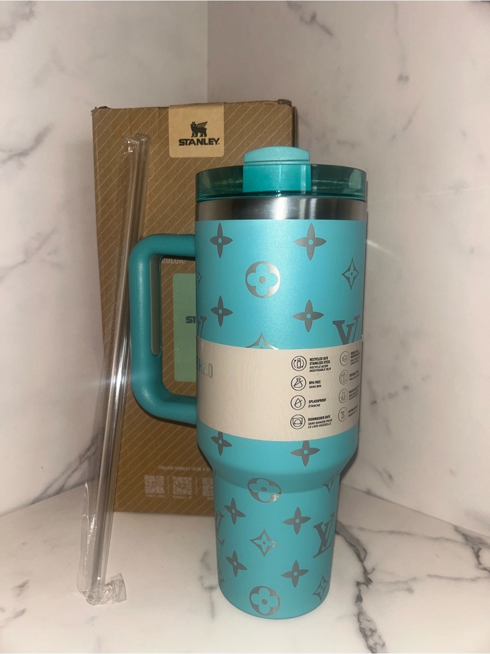 Stanley Blue 40 oz Tumbler with Silver Monogram Accents